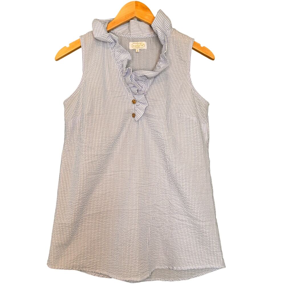MudPie Blue Seersucker Ruffle Collar Sleeveless Tunic Length Blouse Size Small